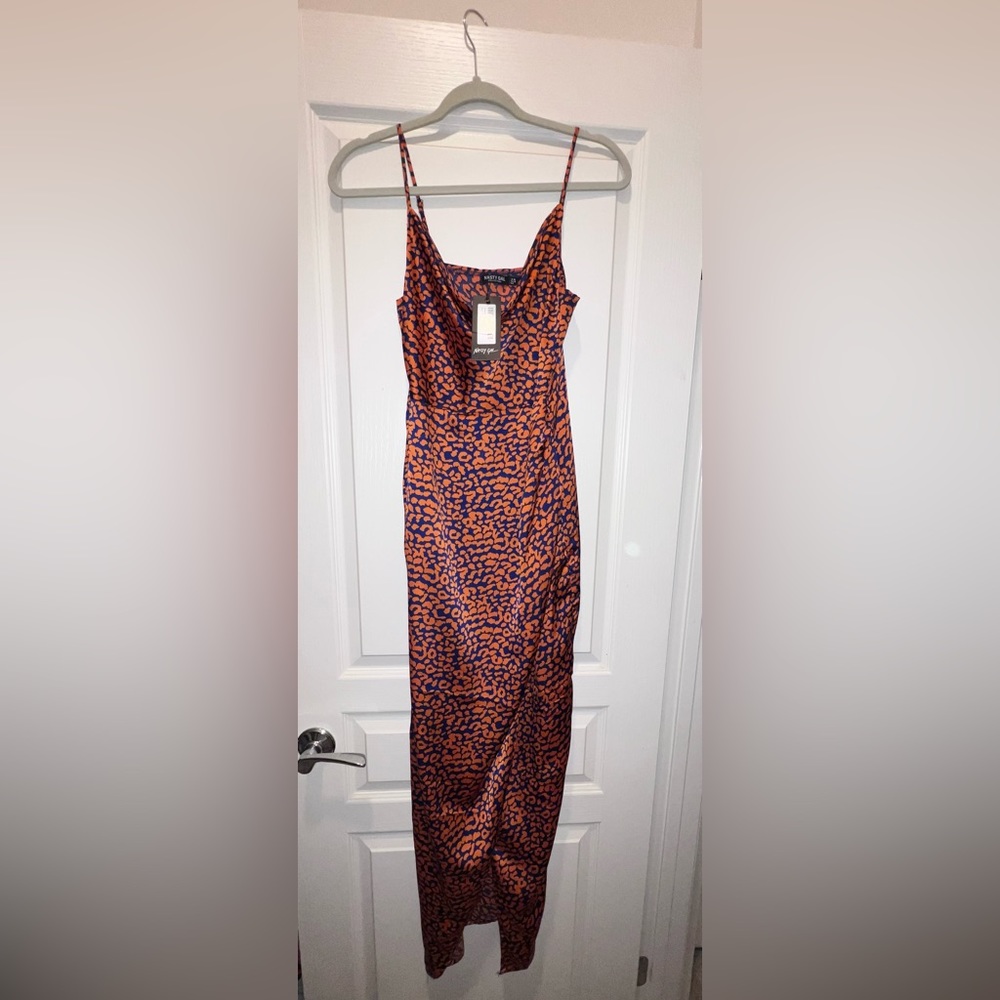 Nasty Gal Orange and Navy Animal Print Midi Dress